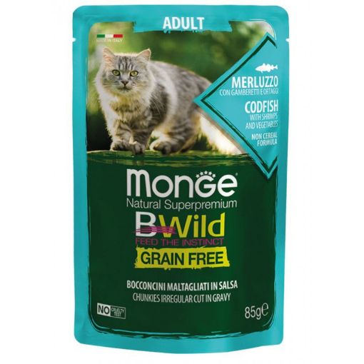 M12768 Monge BWILD Cat Pouches Gr.Fr. Adult Codfish, Shrimps and Vegetables 85 g (28) paveikslėlis