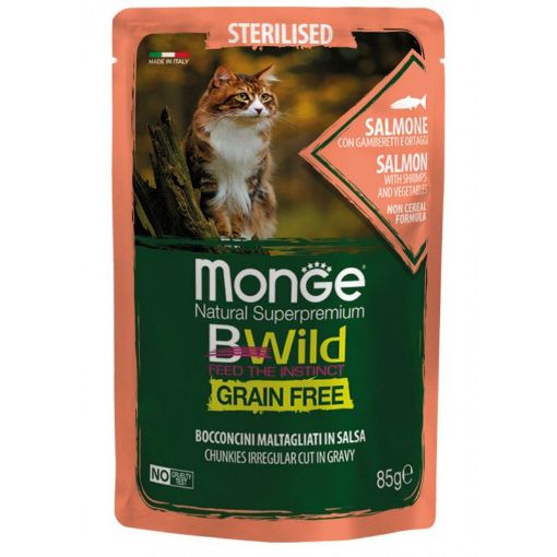 M12782 Monge BWILD Cat Pouches Gr.Fr. Adult Sterilised Salmon, Shrimps and Vegetables 85 g (28) paveikslėlis