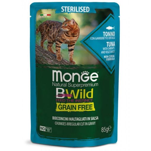 M12799 Monge BWILD Cat Pouches Gr.Fr. Adult Sterilised Tuna, Shrimps and Vegetables 85 g (28) paveikslėlis