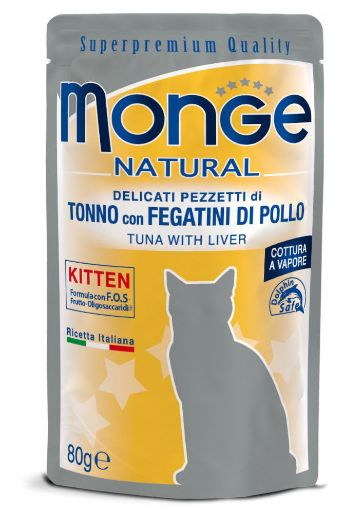 M06927 Monge Natural - Wet Cat Pouches Tuna Flakes with chicken liver in jelly - KITTEN 80 g paveikslėlis