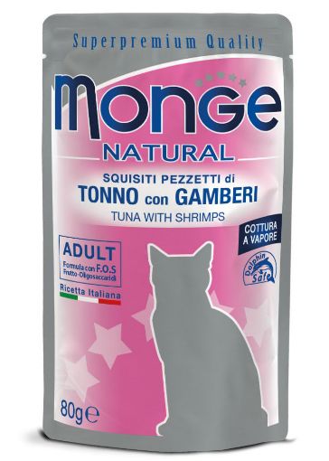 M06903 Monge Natural - Wet Cat Pouches Tuna Flakes with Shrimp in jelly 80 g paveikslėlis