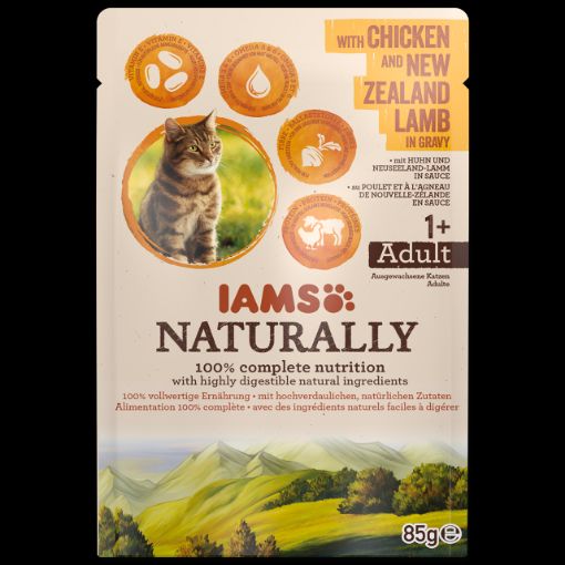 I67008 IAMS Naturally Adult Cat with Chicken & New Zeland Lamb in Gravy 85g paveikslėlis