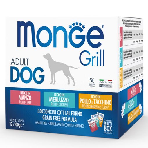 M17510 Monge GRILL MIX Dog Adult beef/cod/chicken 100gx12 paveikslėlis