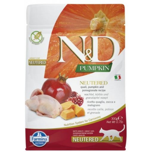 F35370 FARMINA N&D PUMPKIN - CAT Dry Quail&Pomegr NEUTERED ADULT 300 gr (pak.16) paveikslėlis