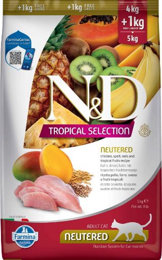 F42217 FARMINA N&D TROPICAL SELECTION - CAT Dry Chicken, Spelt, Oats NEUTERED 4+1 kg paveikslėlis