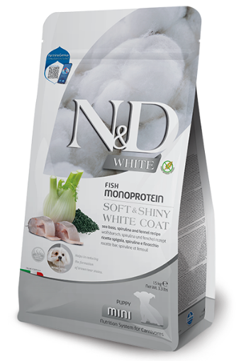 F44921 FARMINA N&D WHITE - DOG Dry Sea Bass Spirulina&Fennel PUPPY MINI 1,5 kg paveikslėlis