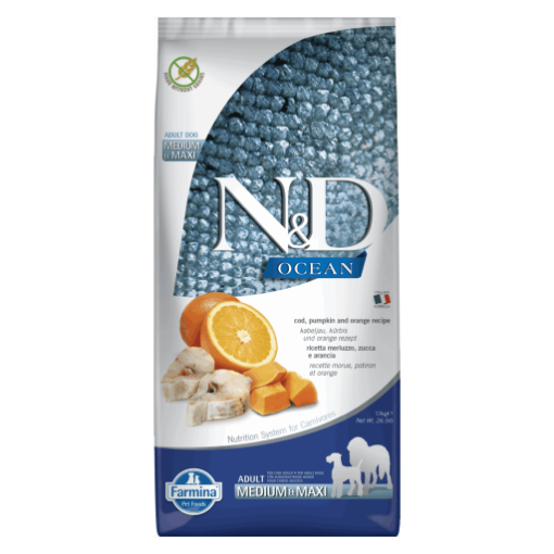 F36568 FARMINA N&D OCEAN - DOG Dry Cod Pumpkin&Orange ADULT MED&MAX 12 kg paveikslėlis