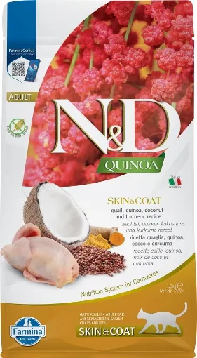 F35837 FARMINA N&D QUINOA - CAT Dry SKIN&COAT Quail&Coconut ADULT 1,5 kg (pak.8) paveikslėlis