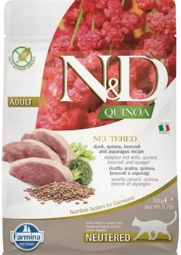 F38661 FARMINA N&D QUINOA - CAT Dry NEUTERED Duck Broccoli&Asparagus ADULT 300 g (pak.16) paveikslėlis