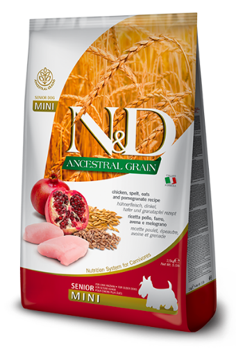 F36384 FARMINA N&D ANCESTRAL GRAIN - DOG Dry Chicken Spelt Oats&Pomegranate SENIOR MINI 2,5KG (pak.4) paveikslėlis
