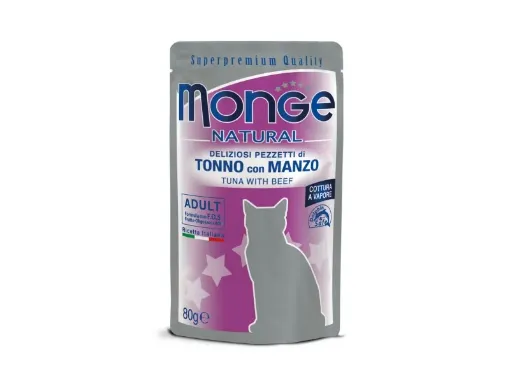 M06910 Monge Natural - Wet Cat Pouches Tuna Flakes with beef in jelly 80 g paveikslėlis