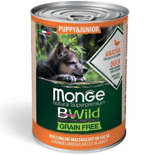 M12607 Monge BWILD Dog Puppy&Junior Chunkies Grain Free Duck with Pumpkin&Zucchini 400g paveikslėlis