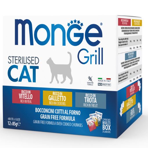 M17527 Monge GRILL MIX Cat Sterilised cockerell/veal/trout 85gx12 paveikslėlis