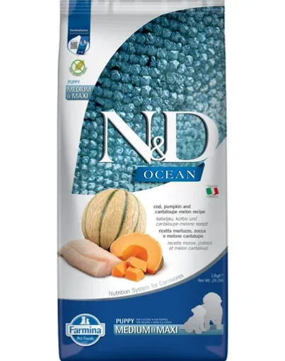 F38821 FARMINA N&D OCEAN - DOG Dry Cod Pumpkin&Cantaloupe PUPPY MED&MAX 12 kg paveikslėlis