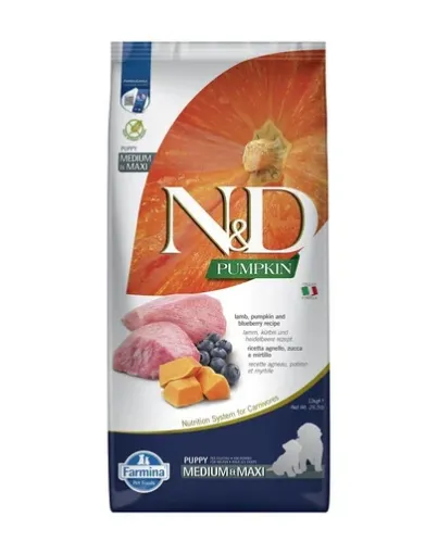 F33345 FARMINA N&D PUMPKIN - DOG Dry Lamb&Blueberry PUPPY MED&MAX 12 kg paveikslėlis