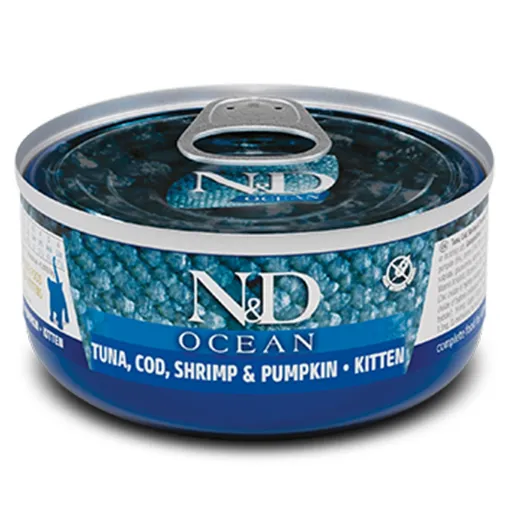 F02918 FARMINA N&D OCEAN - CAT Wet Tuna Cod Shrimp&Pumpkin KITTEN 70 g (pak.24) paveikslėlis