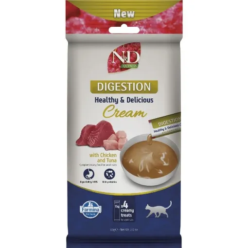 F08927 FARMINA N&D QUINOA CAT DIGESTION - CREAM with Chicken&Tuna 4x15g (pak15) paveikslėlis