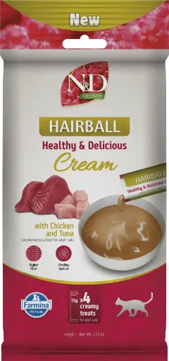 F08958 FARMINA N&D QUINOA CAT HAIRBALL - CREAM with Chicken&Tuna 4x15g (pak15) paveikslėlis